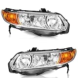 WEELMOTO for 2006-2011 Honda Civic 2-Door Coupe Headlight Assembly Pair Headlamp Chrome Housing Amber Reflector Left+Right Side