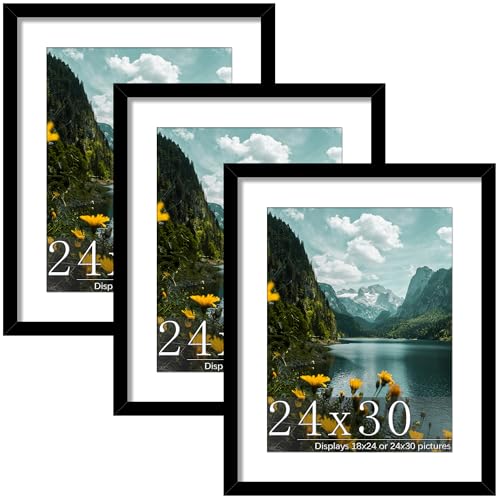Picrit 24x30 Picture Frame 3 Pack, Black Poster Frame, Display Poster 18 x 24 with Mat or 24x30 without Mat for Horizontal or Vertical Wall Mounting