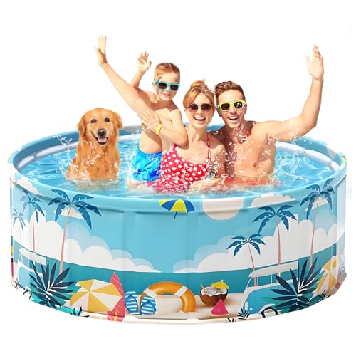 Foldable Swimming Pool for Kids 79"x18" Hard Plastic Portable Dog Pool Anti-Slip Collapsible Pets Bathtub Kiddie Pool Indoor Outdoor Backyard (Beach Party 79'')