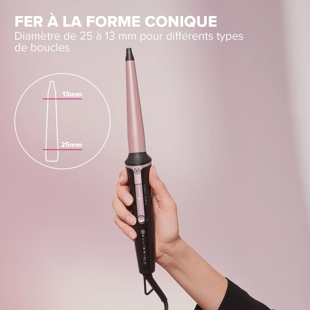 Bellissima Iconic Curls, fer à Friser, revêtement en céramique, forme conique pour des boucles douces et des pointes définies, température 150°C/210°C, diamètre 13/25 mm, gant thermique