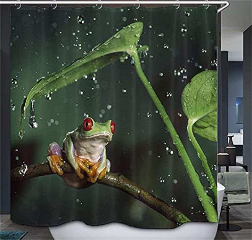 Green Animal Shower Curtains,Tree Frog On A Rainy Tree Branch Waterproof Fabric Shower Curtain 12 Hooks Watercolor Decorative Bath Curtain Modern Bathroom Accessories Shower Custom 72 X 72 Inch #TOP2