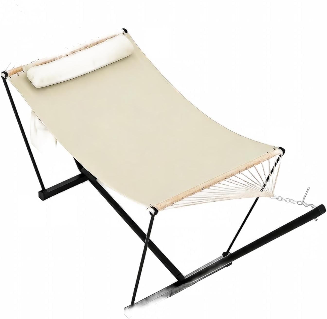 Doppel-Hängematte mit Gestell – Robustes Baumwollseil für 2 Personen – 475 lbs belastbar – Wendbare Polsterauflage & Kopfkissen – Hartholz-Spreader Bars – Einfacher Aufbau – Für Garten, Balkon,