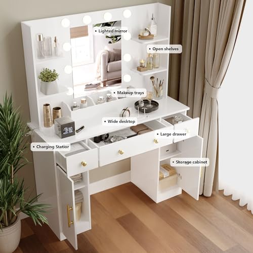 Image of Wodeer Makeup Vanity Desk with Mirror and Lights, 43 inch White Vanity Set with 3 Drawers, Power Outlet & Adjustable RGB LED Lights, Dressing Table with Storage Shelf for Women & Girls Bedroom