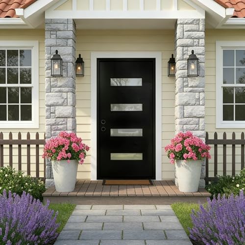 Image of Casaphoria 36 inch x 80 inch Fiberglass Entry Door Without Door Frame,Right Hand Inswing Exterior Door with Brickmould,Contemporary Wooden Grain Knock-Down Front Door for Home Entrance, Black Door Slab Only