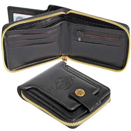 Black PU Leather Wallet for Men – RFID Blocking Bifold with 7 Card Slots, Large Bill Compartment, 2 Zipper Pockets & Fold-Out ID Window – Slim Travel Wallet