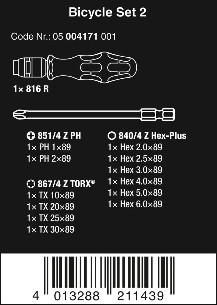 Wera 05004171001 Bicycle Set 2, Juego de varillas intercambiables para destornilladores, bicicleta, 13 piezas