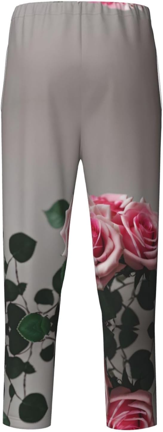 Red Rose Print Cute Pajama Pants,Soft Cotton Feel Sleep Pants In Multiple Sizes And Styles