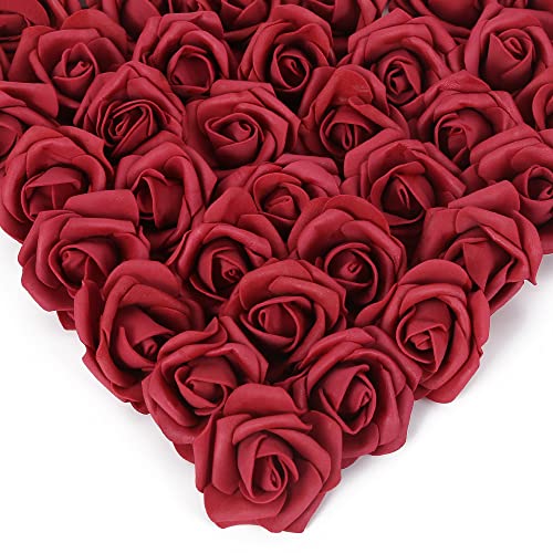 Artificial Stemless Rose Flower Heads, 200Pcs Burgundy Foam Roses Artificial Roses Flower Heads for Crafts 1.97in Stemless Roses for DIY Craft Wedding Bouquet Party Decoration(Burgundy)