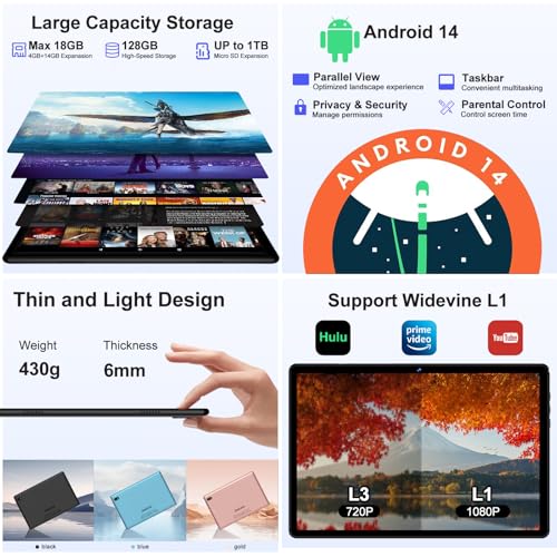 Image of DMOAO 2025 Tablet Android 14 Tablets with 128GB ROM+18GB RAM, 1TB Expand, Powerful Octa-Core, WiFi 6, BT5.0, 6000mAh, Widevine L1, Black