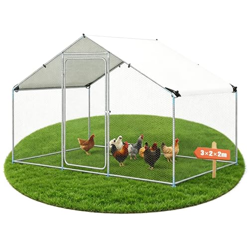 GYMAX Freilaufgehege Hühnerstall 3x8x2m Hühnergehege 6 mit sonnenbeständigem Dach Drahtseitenwände & Riegelsystem-Tür Tagesfreilauf für Hühner Ente & Kaninchen