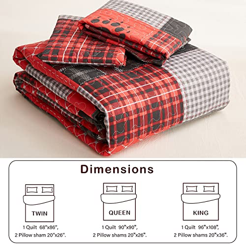 Jarson 3-Piece Lodge Bedspreads Full/Queen Size Moose Bear Quilt Set Reversible Cabin Rustic Coverlet Bedding Set For All Season（Red, 1 Quilt + 2 Pillow Shams） #TOP6