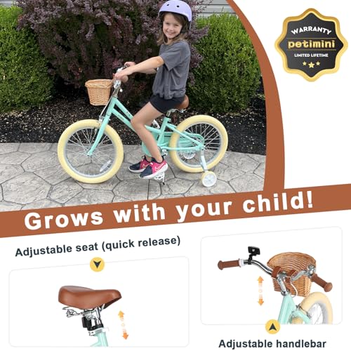 Image of Petimini Vintage Kids Bike for Girls, 12-20 Inch Classic Bicycle with Wicker Basket & Bell, High Tensile Steel Frame, Training Wheels (12-18 inch), 85% Pre-Assembled, Retro Bike for Outdoor Riding