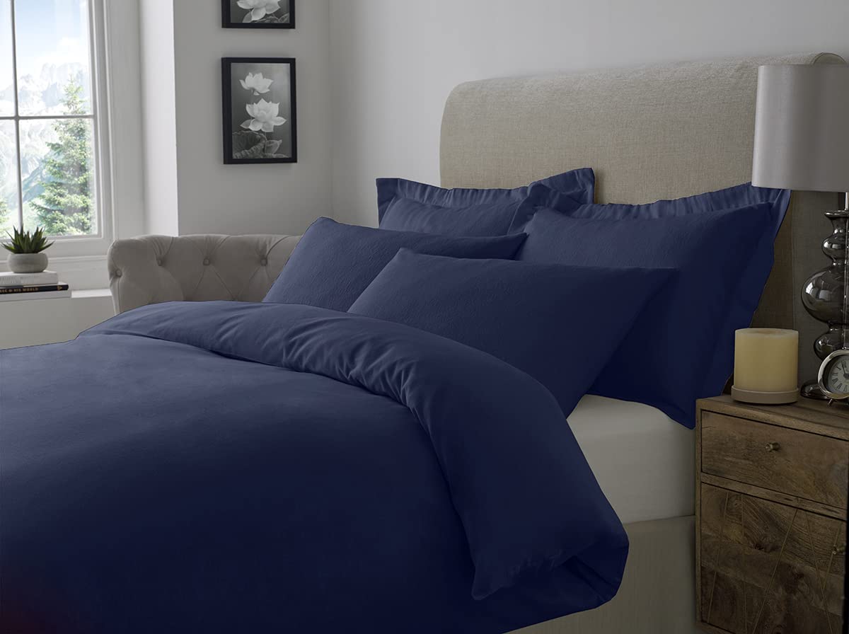 Ed Navy 100% Brushed Cotton Duvet Cover Sets | Plain Dyed Reversible Flannelette Bedding Sets With Matching Pillowcases (King, )