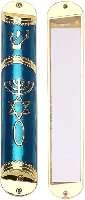 BRTAGG Mezuzah Case with Double Sided Tape, 14cm Tall, Blue & Gold, Easy Peel and Stick Mezuzah Cover (for 10cm Scroll)