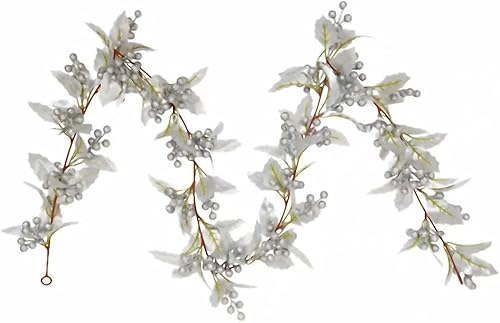 Guirnalda de Navidad de 6 pies con hojas plateadas, guirnalda artificial de vid colgante con bayas plateadas para interiores y exteriores, chimenea,