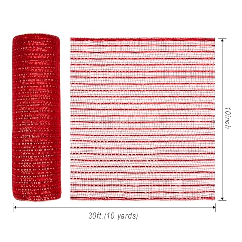 PAPER FAIR Metalic Red Poly Burlap Deco Mesh Ribbon, 10" x10yd (30 Feet) Fabric Wrapping Ribbon Craft Mesh Roll for Christmas Tree Decoration, Swags, Christmas Decorative Metallic Wreath Mesh Ribbon
