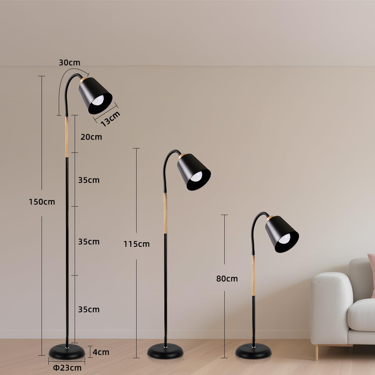 ANTENLICHT VILI | Lámpara de pie para salón y dormitorio, E27, orientable 360°, máx. 60 W, para lectura en sofá o dormitorio, lámpara de pie de metal negro de 159 cm (sin bombilla)