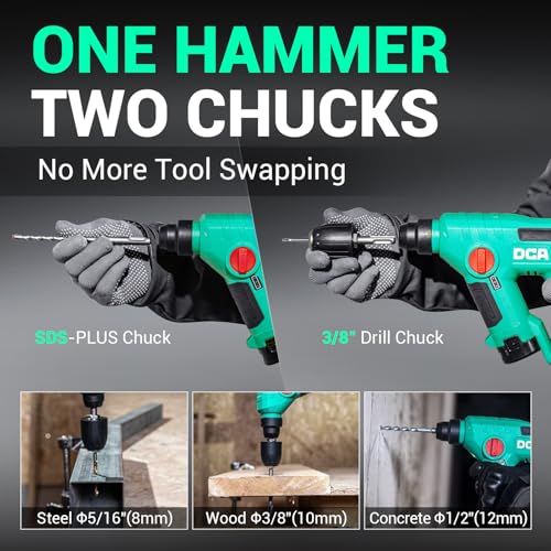 Image of DCA 12V Cordless Drill Set SDS-Plus Hammer Drill, 1J 3-IN-1 Power Drill with Variable Speed, 2*2.0Ah Battery, 0-900 RPM /5600 BPM, with 3 /8 inch Drill Chuck, 4 Drill Bits for Concrete, Brick, Metal, Wood