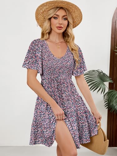 Image of UEAL Womens Cute Floral Smocked V Neck Flutter Sleeve Sundress with Pockets Casual Spring Summer Dresses for Women 2026