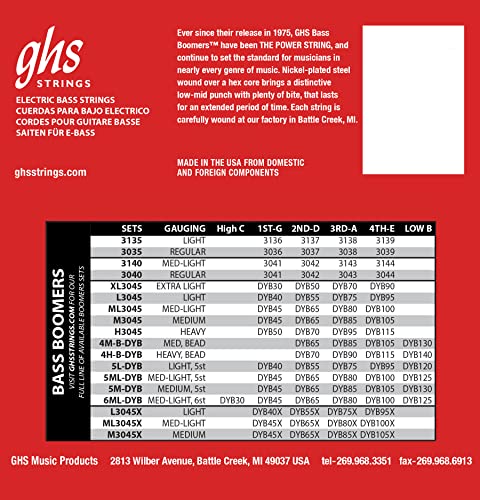 Image of GHS Strings M3045 4-String Bass Boomers, Nickel-Plated Electric Bass Strings, Long Scale, Medium (.045-.105)