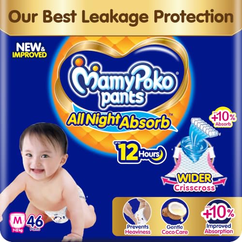 Image of New Mamypoko Pants Premium All Night Absorb| Pant Style Baby Diapers Medium Size(M), 46 Count, Ideal for 7-12Kgs|1 Diaper= Upto All Night Absorption now with 10% increased power|Wider Crisscross Sheet|Gentle Coco Care| 12hr Leakage Protection| Prevents Heaviness.