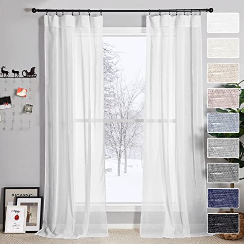 RYB HOME White Sheer Curtains - Natural Linen Flax Semi Sheer Curtains Light Glare Filtering Privacy Drapes for Canopy Bed Living Room Picture Window Decor, 52 inch Wide x 84 inch Long, 2 Pcs