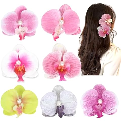 Hawaiian Flower Hair Clips 4 Inch Butterfly orchid Artificial Tropical Flower Hair Pins 7 Pieces Large Hair Flowers Luau Outfits For Women plumeria Hair Barrettes for Beach Party favors Vacation. Cover