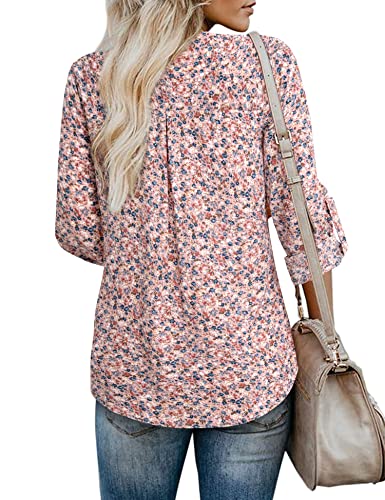 Gaharu Dress Tops Women Business Casual Pink Blouses Long Sleeve Floral Shirts V Neck Chiffon Work Tunics Tops 3/4 Sleeve Blouses Professional Career Formal Office Wear Clothes Floral Pink Blue,L #TOP1