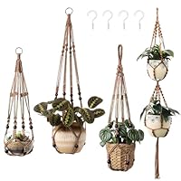 GEEKEO Blumenampel Hängend Innen, 4er Set Makramee Hängeampel mit Haken, Makramee Pflanzenhänger Innen Pflanzkorb Hängender, Boho Deko Baumwollseil Hängepflanzen Topf für Balkon Fenster Deko