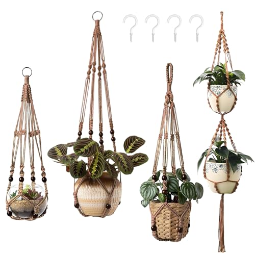 GEEKEO Blumenampel Hängend Innen, 4er Set Makramee Hängeampel mit Haken, Makramee Pflanzenhänger Innen Pflanzkorb Hängender, Boho Deko Baumwollseil Hängepflanzen Topf für Balkon Fenster Deko