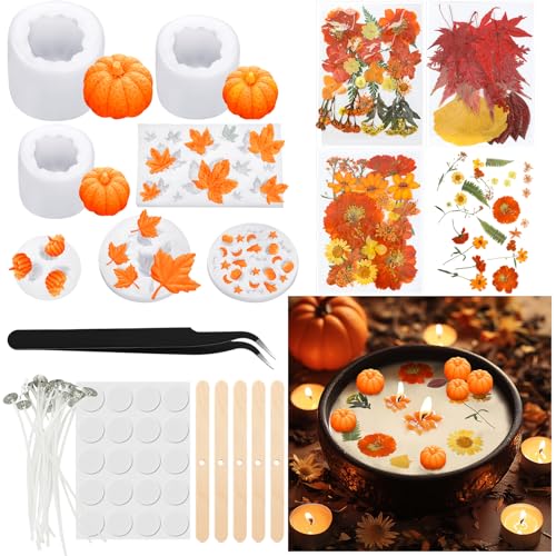 Janinka 108 Pcs Fall Pumpkin Silicone Candle Molds Thanksgiving Halloween 3D DIY Craft Resin Molds Making Kit Epoxy Maple Ghost Craft for Fall Harvest Making Candle Fondant Soap Candy Clay Tools