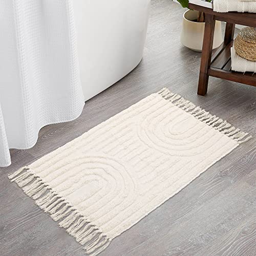 Lanffia Boho Bathroom Rug 2X3, Washable Kitchen Rugs, Beige Handmade Tufted Cotton Rainbow Rug With Tassels Farmhouse Small Throw Rugs For Bedroom/Laundry/Doorway/Porch #TOP3