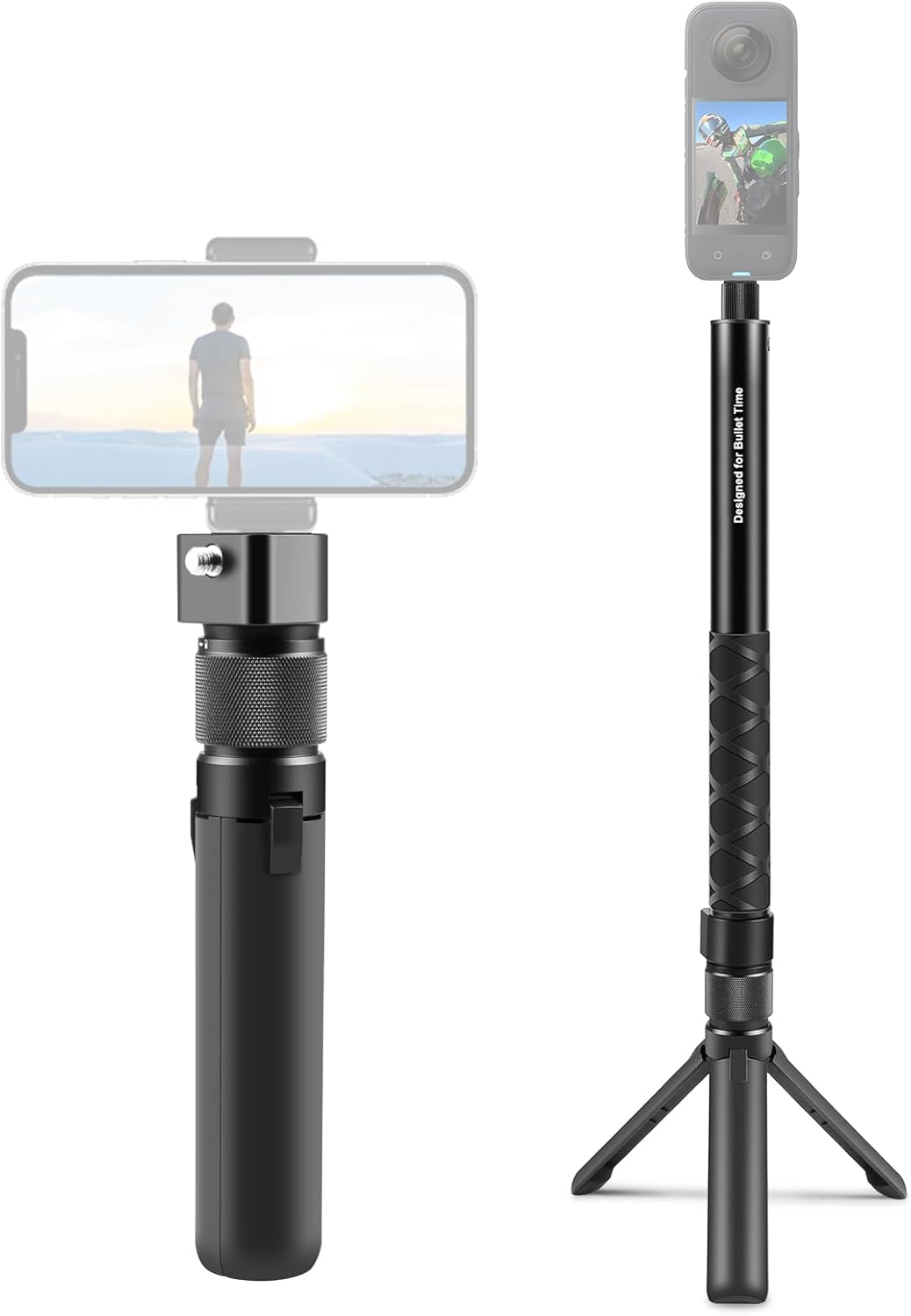 PULUZ 43Inch/110cm Retractable Selfie Stick & Camera/Phone Tripod, Invisible Bullet Time Swivel Grip Desktop Tripod Stand, Black, Aluminum, Compatible with Insta360 X3, Sports Camera, Smartphone