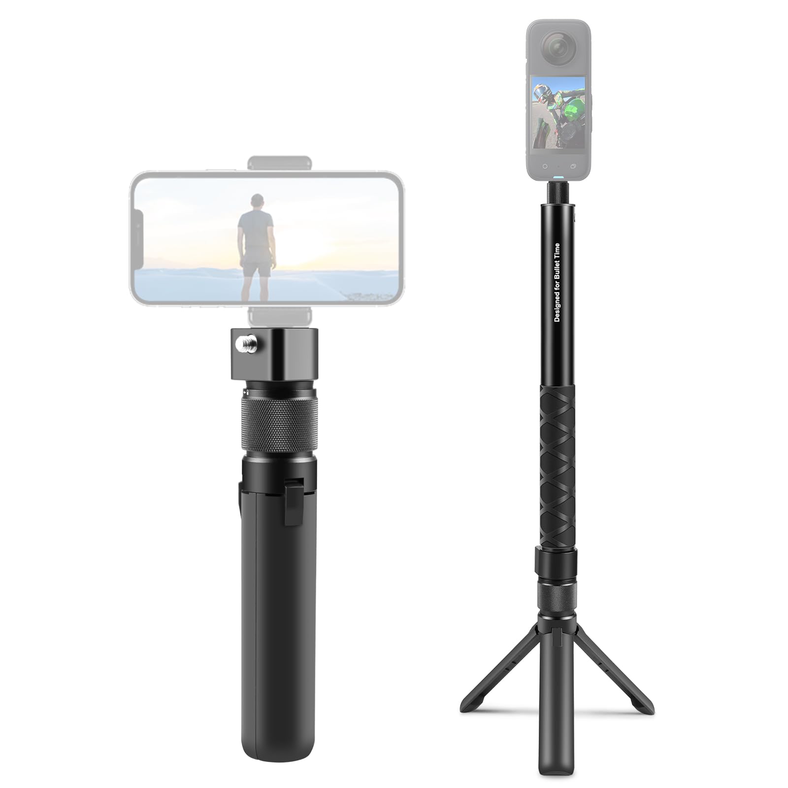 PULUZ 43Inch/110cm Retractable Selfie Stick & Camera/Phone Tripod, Invisible Bullet Time Swivel Grip Desktop Tripod Stand, Black, Aluminum, Compatible with Insta360 X3, Sports Camera, Smartphone