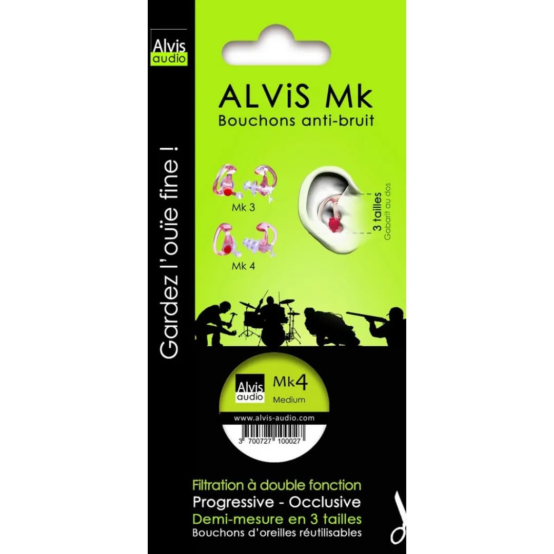 ALVIS Mk4 Taille L — Bouchon Oreille Demi-Mesure Progressif Renforcé Grandes Oreilles, Double Filtration Certifiée CE, Silicone Médical SNR 27dB