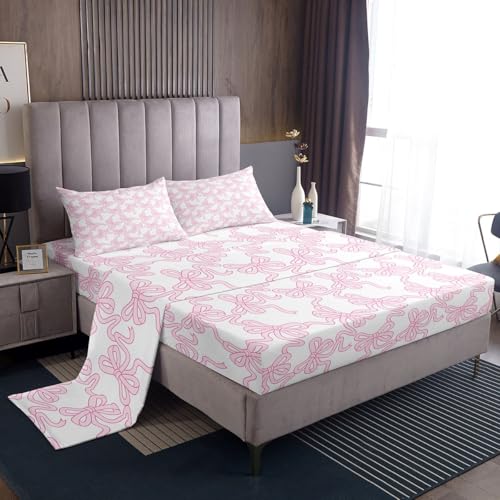 Image of Castle Fairy Pink Bowknot Fitted Sheet Set Full Size 4 Pcs,Coquette Bowtie Teens Sheets,Kawaii Watercolor Ribbon Bow Bedding Sets (1 Fitted,1 Flat,2 Pillowcases)