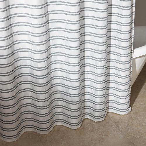 Image of Amazon Basics Geometric Jacquard Fabric Shower Curtain for Bathroom, Lightweight, Waterproof and Washable, 72 inch W x 84 inch L, Grey Striped