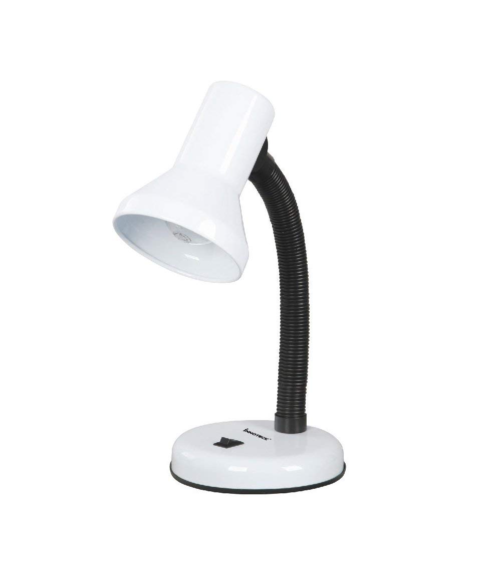 Innoteck White 25W Adjustable Desk Lamp With Flexible Arm, Metal Table Lamp With E27 Bulb Base, Mains Powered, Study & Bedside Reading Lamp,