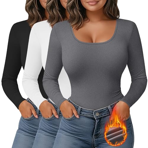 Ficerd 3 Pack Women's Plus Size Thermal Shirts Fleece Lined Scoop Neck Long Sleeve Tops Fitted Winter Base Layer Underwear