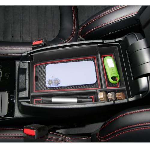 Image of LUWU Center Console Organizer Compatible with Ford Escape 2020-2025 2026 Accessories Bronco Sport 2021-2025 Accessories Armrest Console Storage Box Insert Tray ABS Material Black Coin Container Red