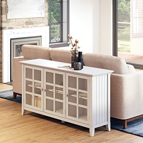 Simplihome Acadian Solid Wood 62 Inch Wide Transitional Wide Storage Cabinet In White, With 3 Tempered Glass Doors, 3 Adjustable Shelves #TOP1