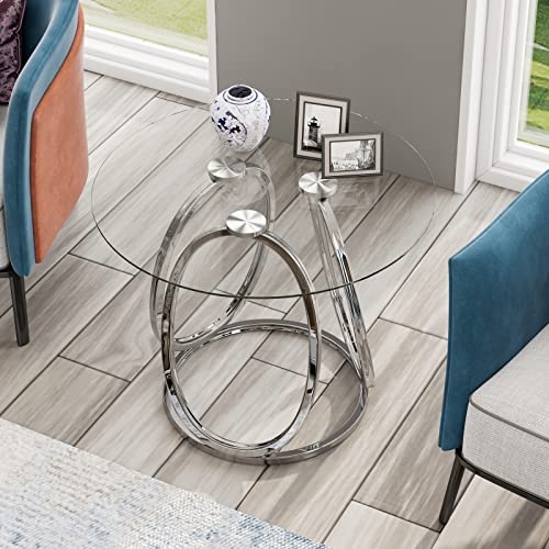 O&K Furniture Silver Glass End Table For Living Room, Glass Side Table For Bedroom, Modern Round Glass Nightstand With Metal Frames For Home Office, Chrome Finish thumb #3