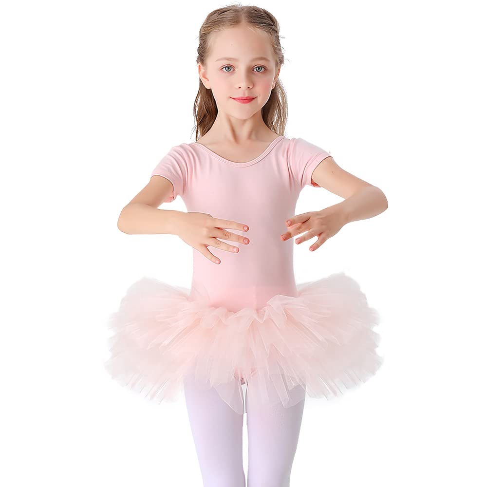 Bezioner Dziewczyna Tutu do tańca Body baletowe Leotard sukienka gimnastyczna z krótkim rękawem różowa (koń z guzikiem) 120