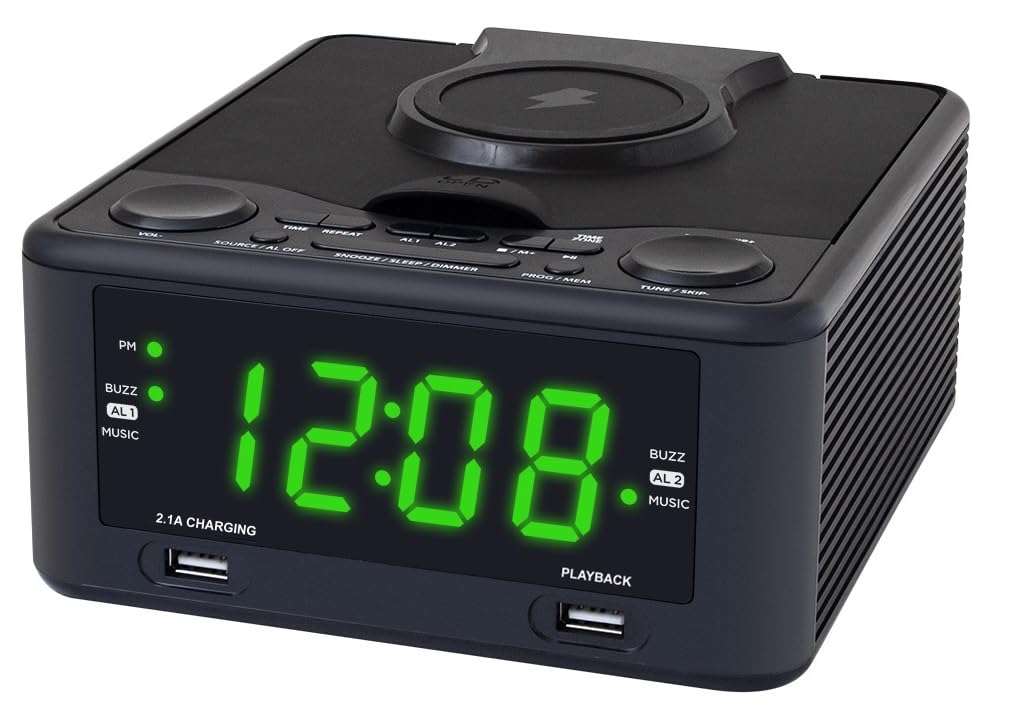 HANNLOMAX HX-208Wi CD/MP3 Player with Alarm Clock Radio, Wireless Charger, PLL FM Radio, USB Ports for Charging and MP3 Playback, 1.2