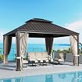 SUNSHINE VALLEY 12'x14' Hardtop Gazebo, Permanent Aluminum Outdoor Gazebo with Galvanized Steel Double Roof & Gutter System, Heavy Duty Patio Pavilion Canopy with Netting and Curtains for Deck, Garden