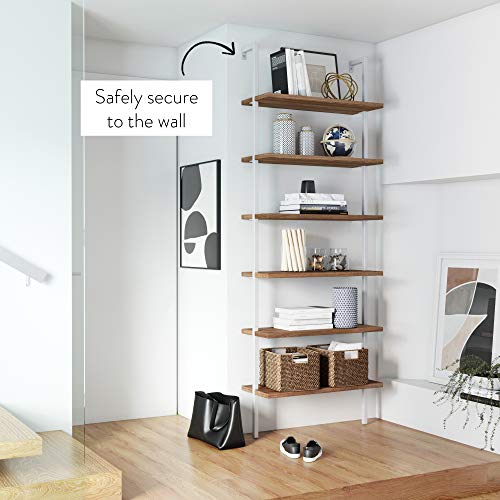 Nathan James Theo 6-Shelf Tall Bookcase, Wall Mount Bookshelf With Natural Wood Finish And Industrial Metal Frame, Rustic Oak/White #TOP5