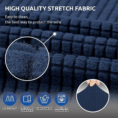 KEKUOU Stretch Sofa Cover Slipcover ,Couch Covers for 3 Cushion Couch Sofa pet Friendly (78"-94") Furniture Protector Sofa with Elastic Bottom for Kids,Dog, Jacquard Small Checked(Large,Navy Blue)