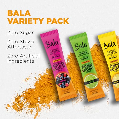 Image of Bala Total Body Wellness Drink Mix, Hydrate & Recover Variety Pack, Pineapple, Lime & Berry, 10 Per Flavor, Zero Sugar Electrolytes Powder Packets with Enzymes & Amino Acids, Turmeric Drink, 30 Sticks