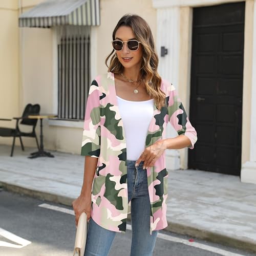 Womens Lightweight Cardigan Trendy 3/4 Sleeve Loose Open Front Cardigans with Pockets Floral