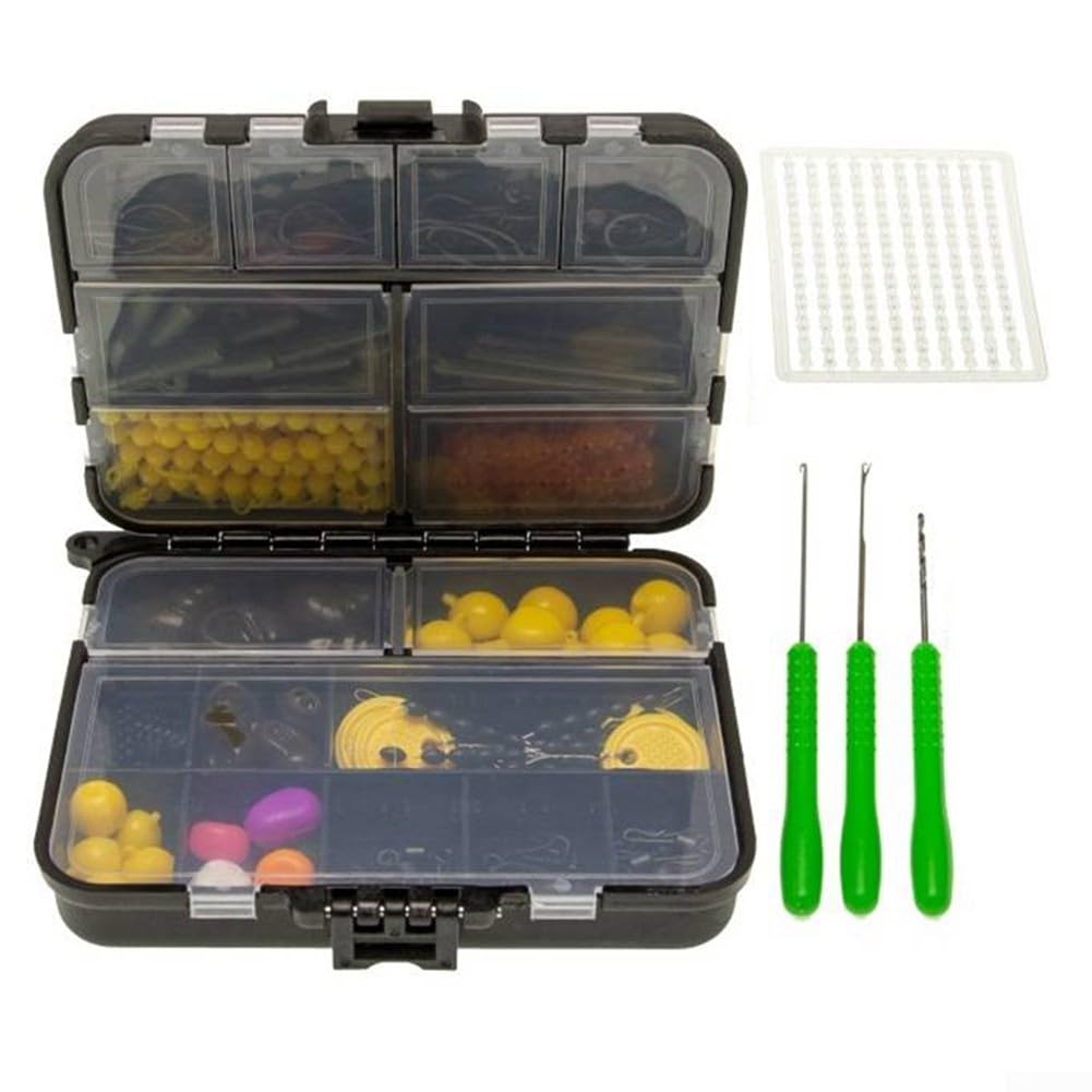 Trayneel 143pcs Carp Fishing Tackle Box Kit with Hooks, Swivels, Tail Rubbers, Safety Clips, Boilie Stops and Shrink Tubes for Chod Rig, Ronnie Rig, Turbo German Rig (145pcs)